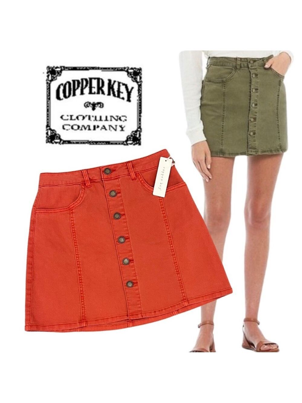 NWT $49 Cooper Key Button Front Mini Jean Skirt Orange